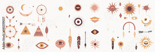 Bohemian Mystical Elements: A curated collection of hand-drawn celestial and spiritual elements, encompassing sun, moon, stars, eyes, triangles, arrows, and crystals in a bohemian aesthetic.