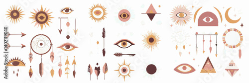 Bohemian Mystical Elements: A curated collection of hand-drawn celestial and spiritual elements, encompassing sun, moon, stars, eyes, triangles, arrows, and crystals in a bohemian aesthetic.