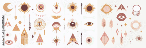 Bohemian Mystical Elements: A curated collection of hand-drawn celestial and spiritual elements, encompassing sun, moon, stars, eyes, triangles, arrows, and crystals in a bohemian aesthetic.