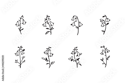 Set of 6 pec in two row  Bluebell black line art on white background