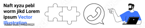 Puzzle pieces, a phone call icon, and a man in blue with a laptop signify collaboration, communication, and problem-solving. Ideal for teamwork, strategy, support, consulting technology flat