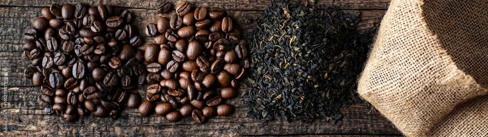 Aromatic coffee beans and loose leaf tea rest on a rustic wooden surface next to a burlap sack. Aromatic coffee beans and loose leaf tea rest on a rustic wooden surface next to a burlap sack.