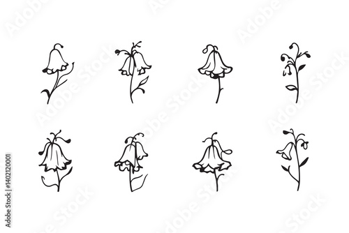 Set of 6 pec in two row  Bluebell black line art on white background