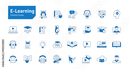 E-learning Blue Line Icons Set. Education, Teaching, Online Study, Audiobook, Podcast, Video Course, Seminar, Library, Graduation Icons Editable Stroke Vector Illustration