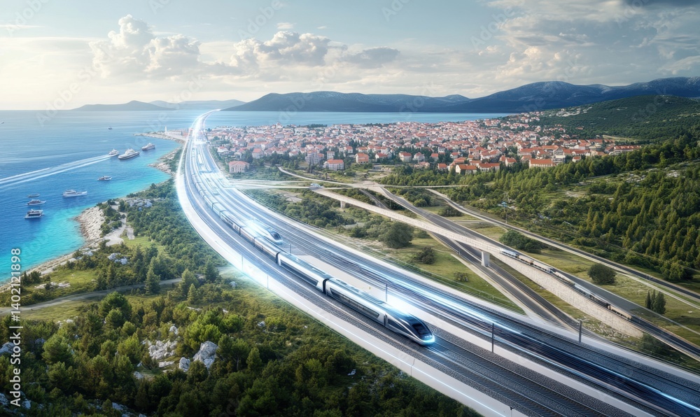 Fototapeta premium High-speed train coastal journey, scenic background