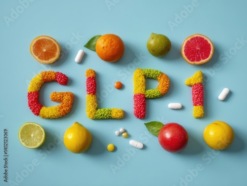 Colorful food and supplements arranged to spell out GL-P-1