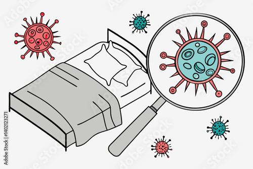 67 Microscopic view of viruses and bacteria, magnified circular inset, gray bedding, pillowcase detail, medical illustration, microbiology, infectious disease concept, colorful pathogens, red and teal
