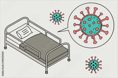 67 Microscopic view of viruses and bacteria, magnified circular inset, gray bedding, pillowcase detail, medical illustration, microbiology, infectious disease concept, colorful pathogens, red and teal