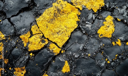 Close-up view of textured black rock surface adorned with vibrant yellow lichen. showcasing nature's contrast. ideal for environmental studies or artistic projects