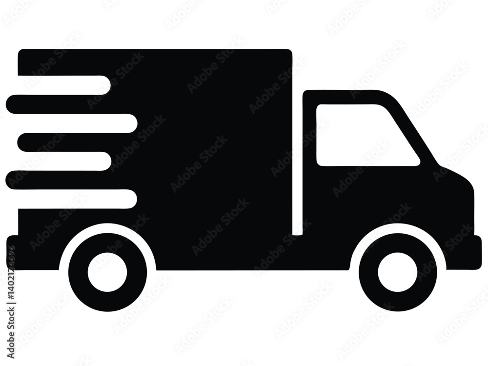 Vector silhouette of delivery box truck from front and side. Silhouette of a delivery truck with speed lines and transparent background Vector silhouette of delivery box truck from front and side. Silhouette of a delivery truck with speed lines and transparent background