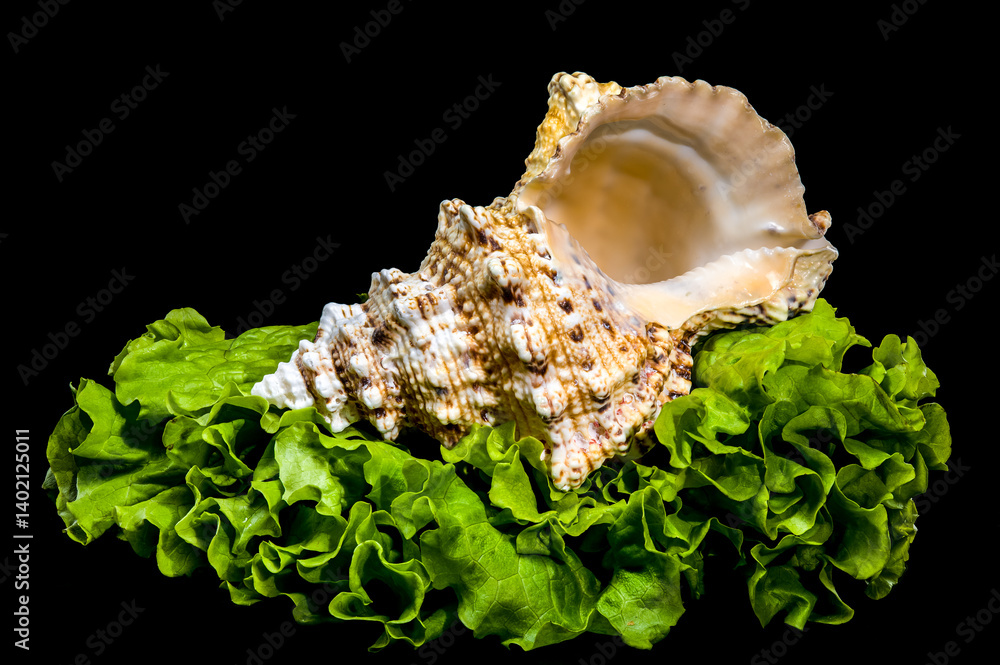 Seashell Resting on Vibrant Green Lettuce, Isolated on Black