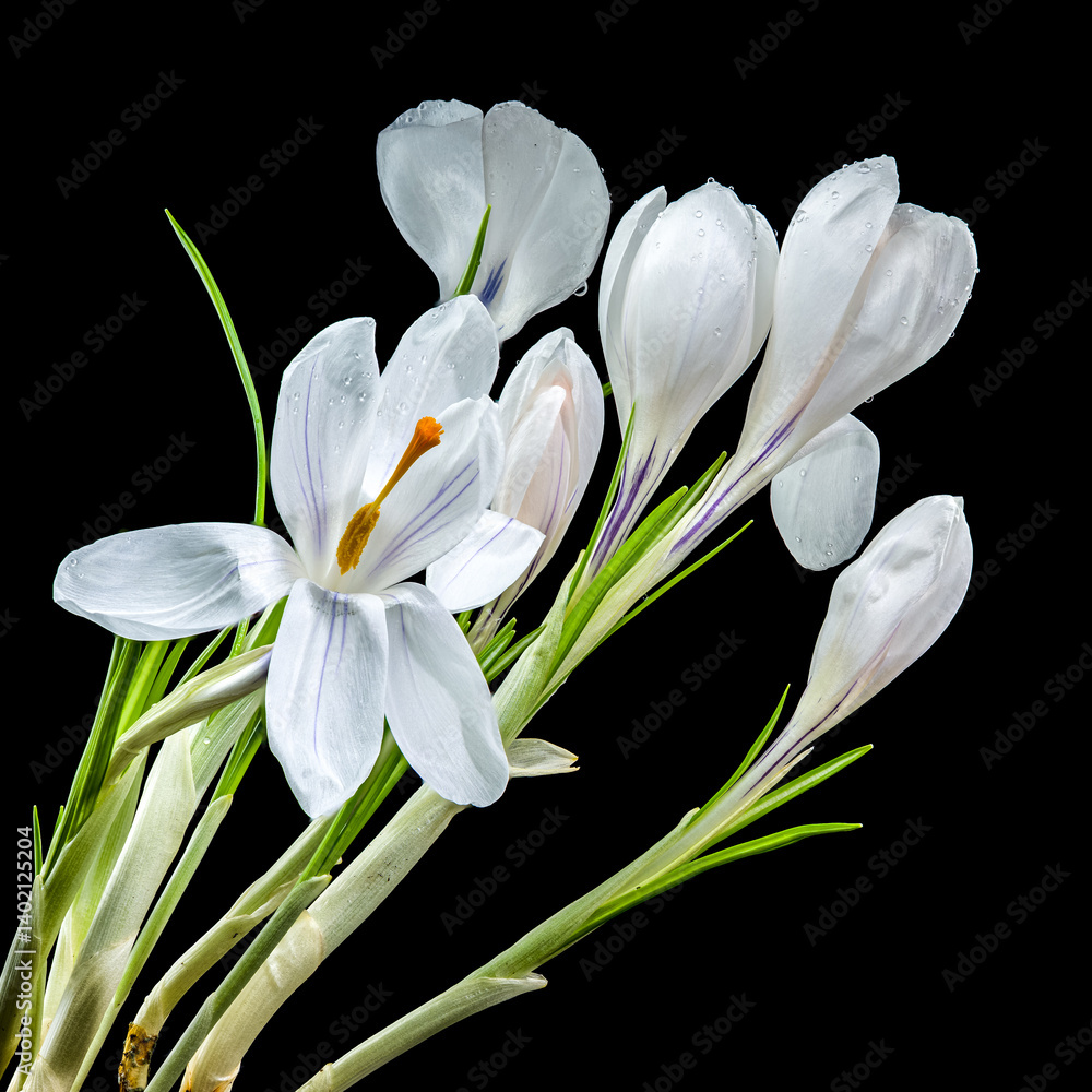 White Crocus Blooms Against Stark Black, Dew-Kissed and Delicate