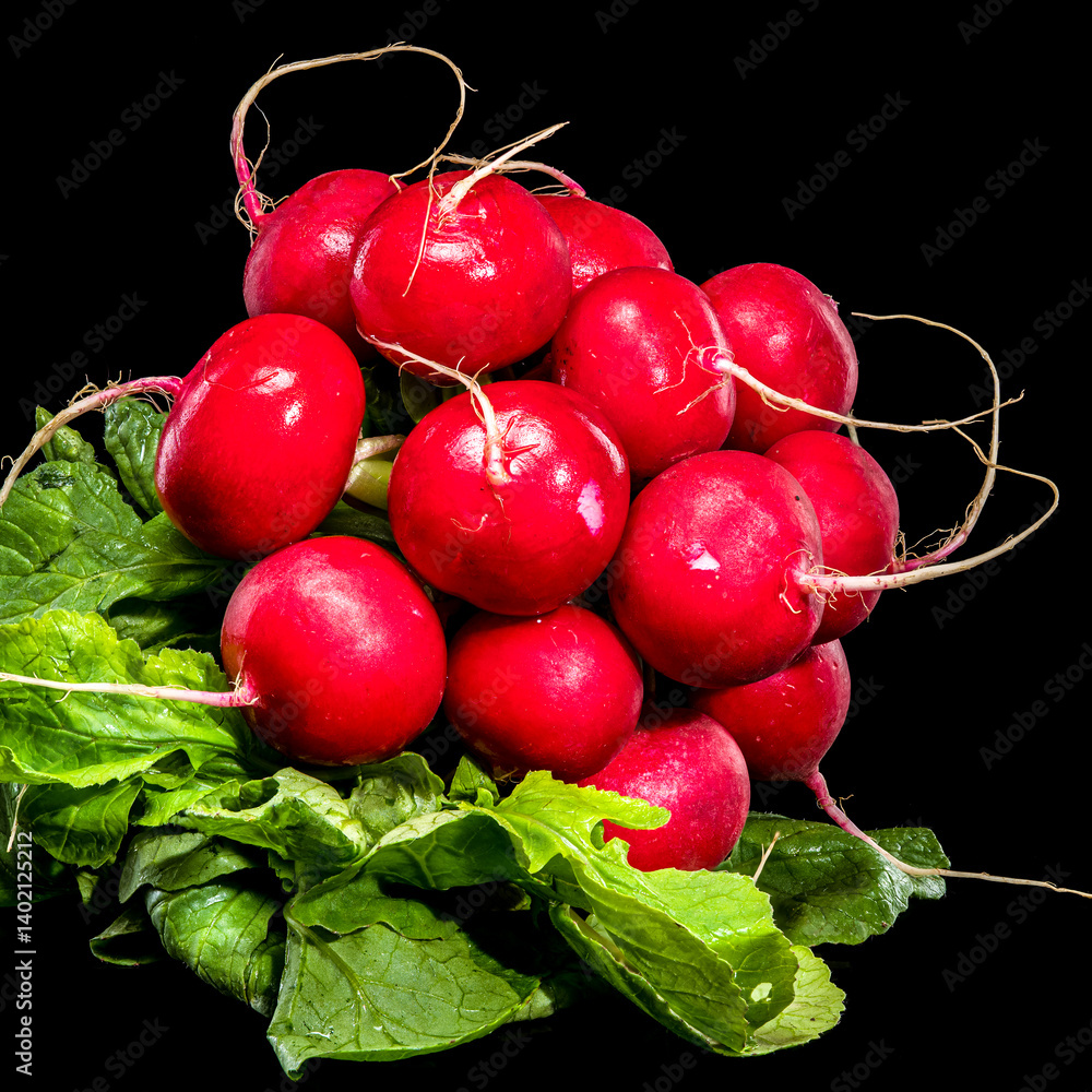Fresh Red Radishes with Green Leaves on Black Background