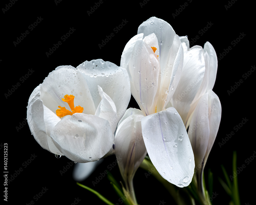 White Crocus Blooms Against Stark Black, Dew-Kissed and Delicate