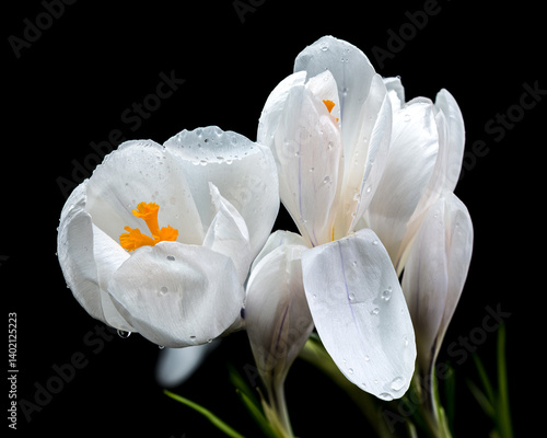 Obraz na płótnie White Crocus Blooms Against Stark Black, Dew-Kissed and Delicate w salonie