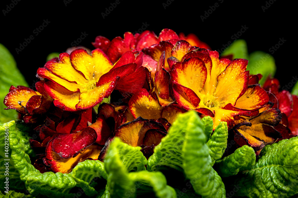 Vivid red Primula Bloom with Dew Drops