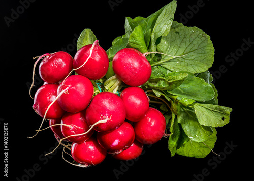 Fresh Red Radishes with Green Leaves on Black Background