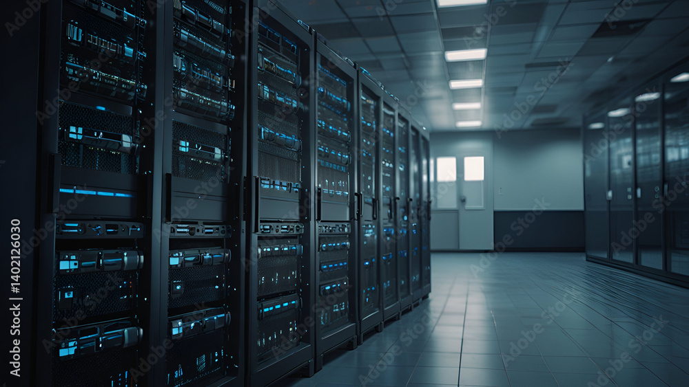 High Tech Server Room with Blue LED Lit Server Racks and Organized Cabling in a Secure Controlled Data Center High Tech Server Room with Blue LED Lit Server Racks and Organized Cabling in a Secure Controlled Data Center