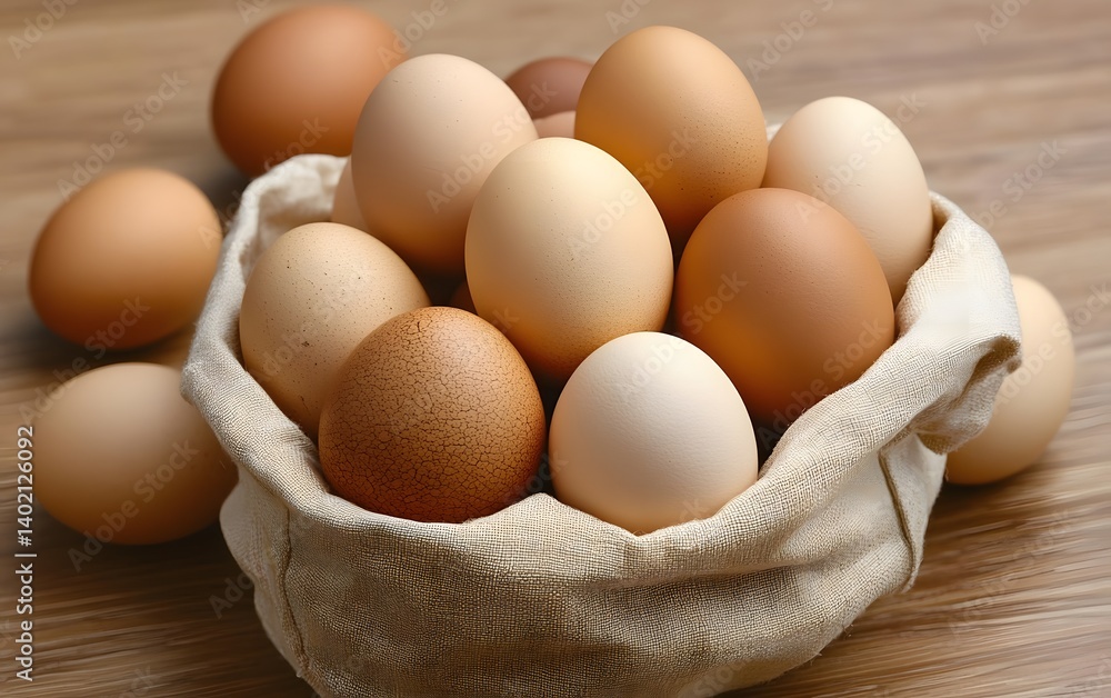 Rustic Brown Eggs in Burlap Sack Wooden Background Rustic Brown Eggs in Burlap Sack Wooden Background
