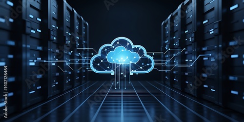 Glowing blue cloud icon at center, network connections, grid floor, vertical server lines, digital tech theme

