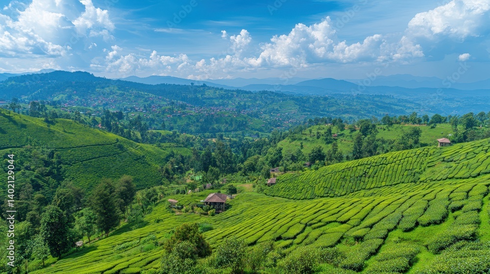 Green tea plantation on hills under a blue sky with fluffy white clouds. Perfect for travel, agriculture, or environmental-themed design projects. Green tea plantation on hills under a blue sky with fluffy white clouds. Perfect for travel, agriculture, or environmental-themed design projects.