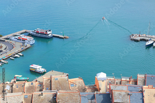 Fototapeta Naklejka Na Ścianę i Meble -  Yachts, boats in bay of Porto Venere, Liguria. Sea and tourism in Italy. Traditional buildings. Background for design. 
