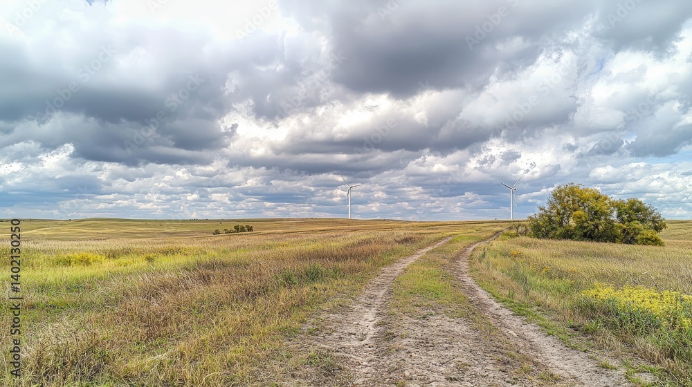 Scenic Dirt Trail Through Open Field Under Dramatic Cloudy Sky Scenic Dirt Trail Through Open Field Under Dramatic Cloudy Sky