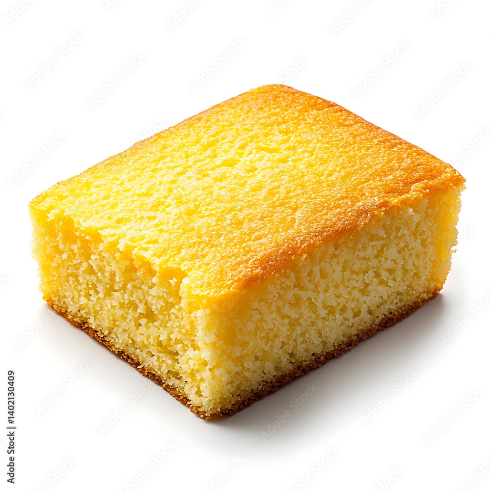 A sweet and buttery cornbread slice with a golden crust soft crumb and slightly cracked top, isolated white background, hyperrealism art style