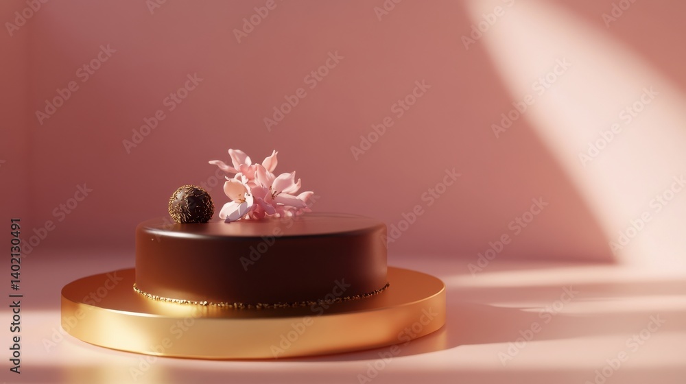 A chocolate cake with raspberries on top, presented on a gold plate.