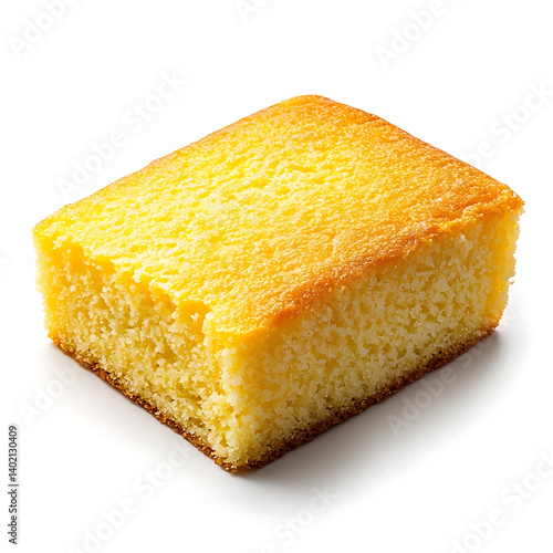 Obraz na płótnie A sweet and buttery cornbread slice with a golden crust soft crumb and slightly cracked top, isolated white background, hyperrealism art style w salonie