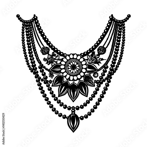 Elegant black beaded necklace displayed on a neckline during a fashion showcase
