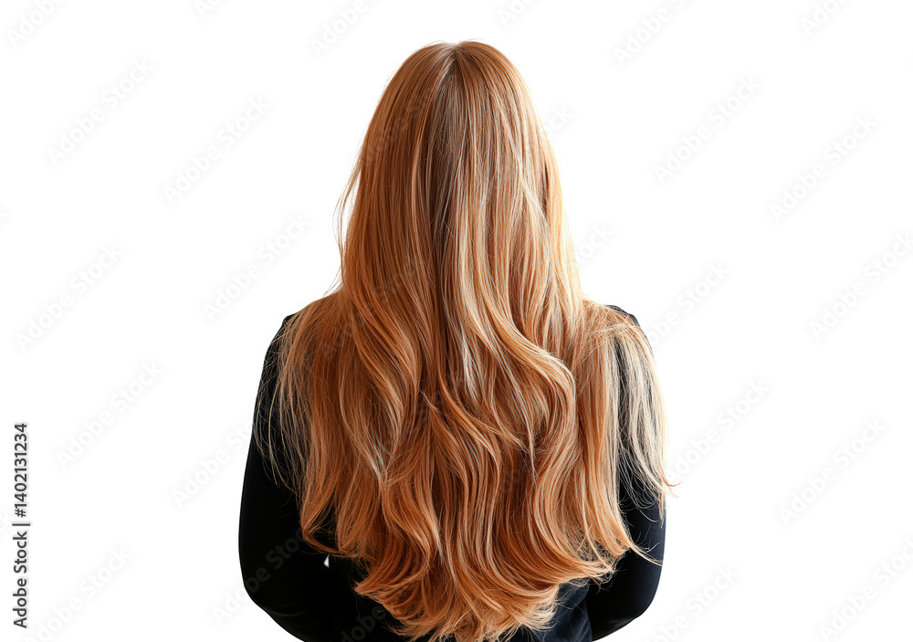 Naklejka premium Woman with long blonde wavy hair, back view isolated on transparent background