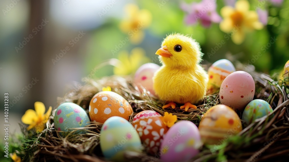 A bunny with Easter eggs, presented on a grass. A bunny with Easter eggs, presented on a grass.