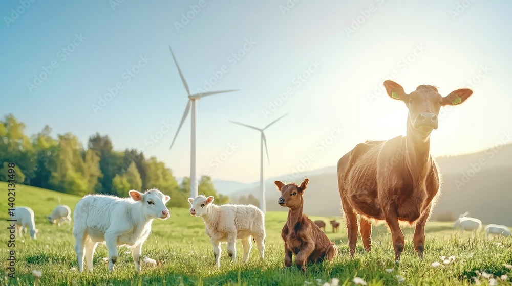 Obraz premium Peaceful Farm Scene with Cows, Calves, and Wind Turbines at Sunset
