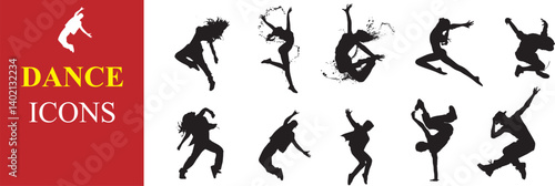 Dance icon boy and girl Children dancing street dance silhouette vector illustration. Group people dancing silhouette set. Figure happy active young men and women simple cartoon collection