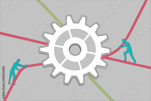 71 metallic gear symbol, colorful ropes pulling, unity concept, teamwork metaphor, industrial design, dynamic tension, interconnected strength, gray background, abstract collaboration, mechanical harm
