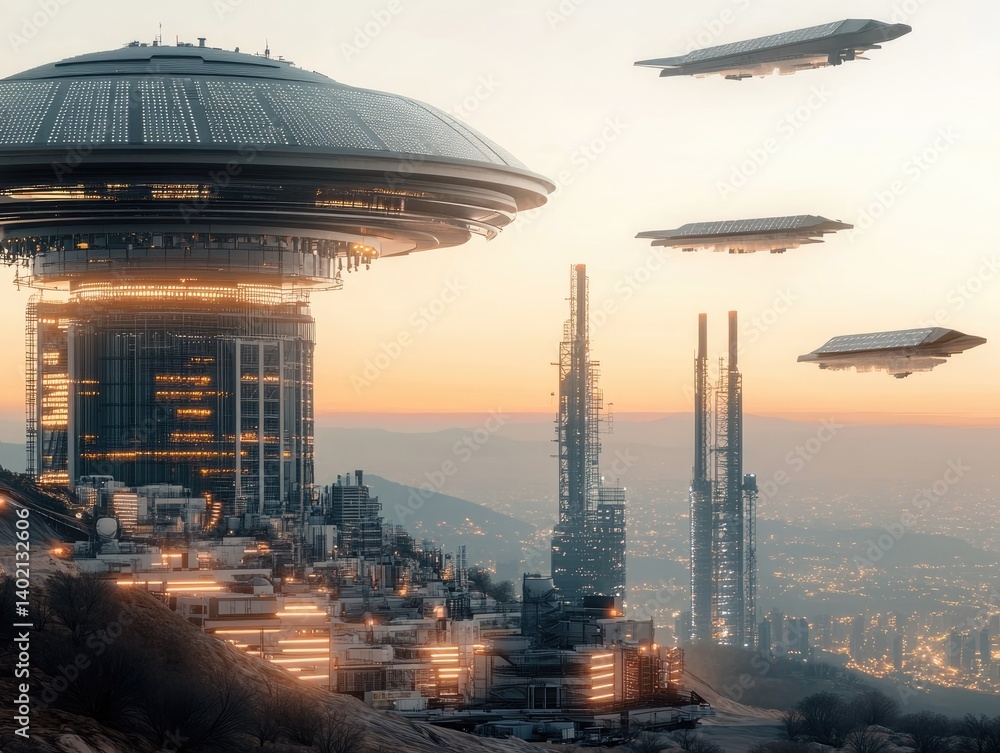 Futuristic Cityscape with Floating Ships and Advanced Architecture Futuristic Cityscape with Floating Ships and Advanced Architecture