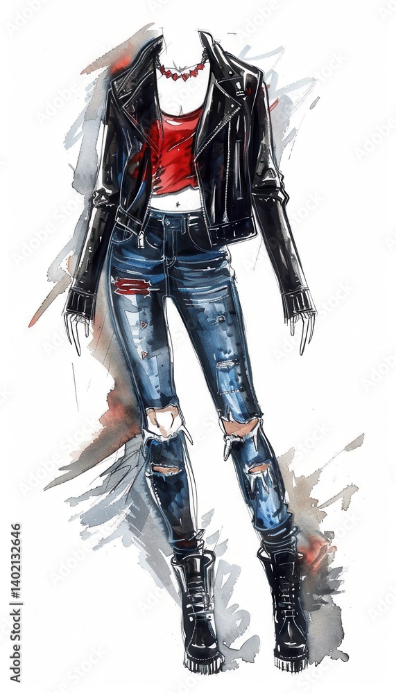 Stylish Fashion Sketch Featuring Biker Jacket with Distressed Jeans for Trendy Design Inspiration