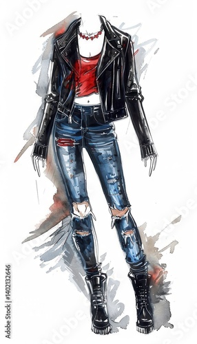Obraz na płótnie Stylish Fashion Sketch Featuring Biker Jacket with Distressed Jeans for Trendy Design Inspiration w salonie