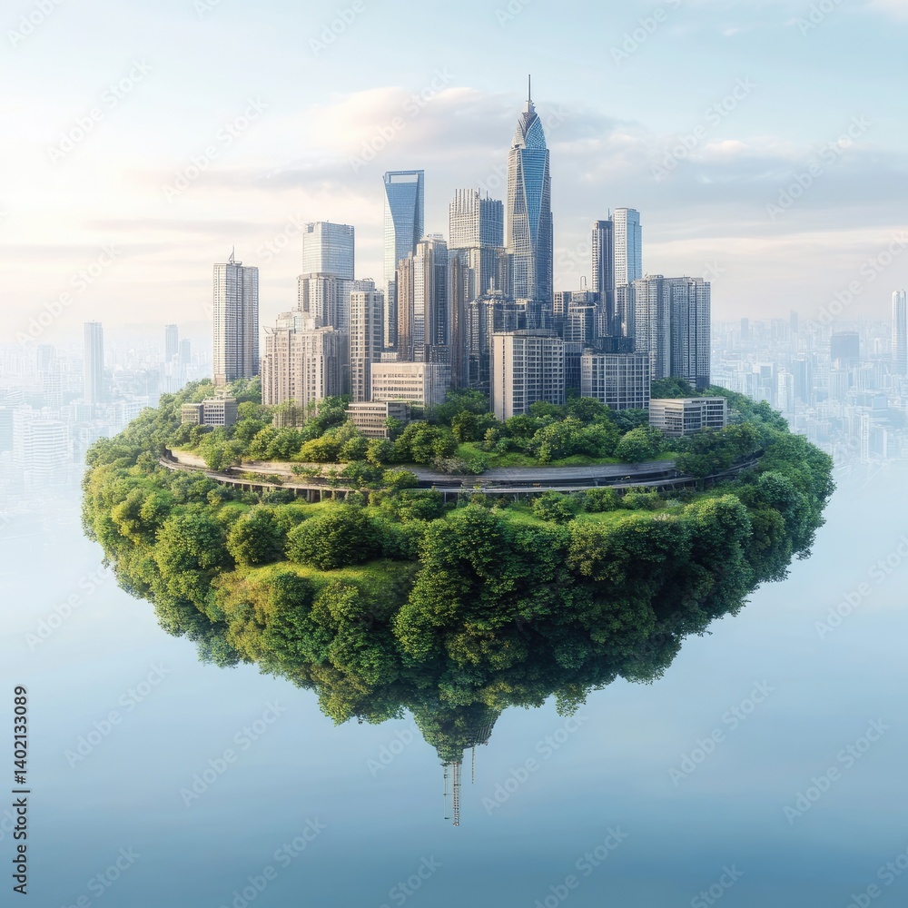 Fototapeta premium Futuristic city skyline on floating island with lush greenery and water