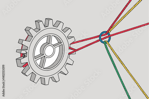 71 metallic gear symbol, colorful ropes pulling, unity concept, teamwork metaphor, industrial design, dynamic tension, interconnected strength, gray background, abstract collaboration, mechanical harm