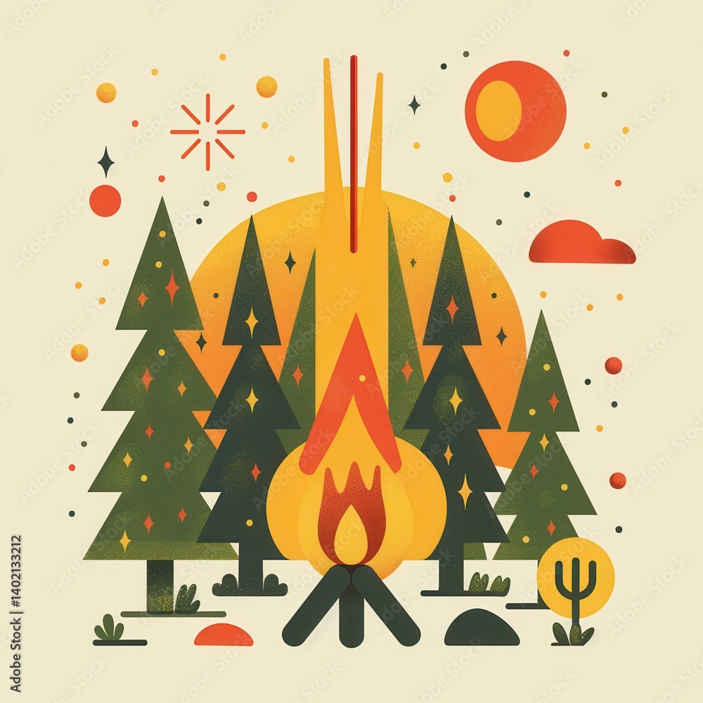 Cheerful Summer Camp Logo Design with Stylized Trees and Campfire Elements