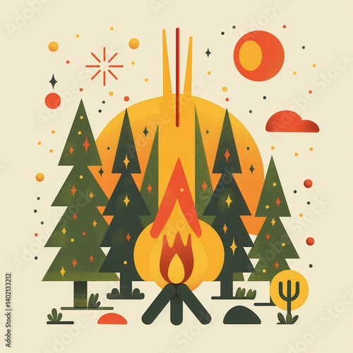 Obraz na płótnie Cheerful Summer Camp Logo Design with Stylized Trees and Campfire Elements w salonie