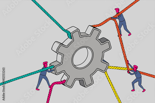 71 metallic gear symbol, colorful ropes pulling, unity concept, teamwork metaphor, industrial design, dynamic tension, interconnected strength, gray background, abstract collaboration, mechanical harm