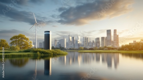 Modern Cityscape with Wind Turbine and Reflection on Water