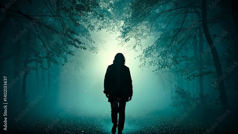Silhouette of a figure walking in a mysterious, dense, misty forest, creating an eerie and dreamlike ambiance beneath the canopy of trees Silhouette of a figure walking in a mysterious, dense, misty forest, creating an eerie and dreamlike ambiance beneath the canopy of trees