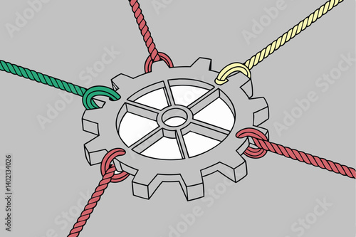 71 metallic gear symbol, colorful ropes pulling, unity concept, teamwork metaphor, industrial design, dynamic tension, interconnected strength, gray background, abstract collaboration, mechanical harm