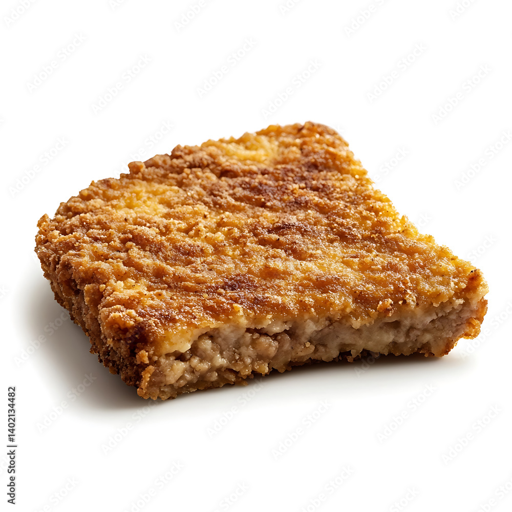 A thick cut country style fried steak with crispy golden breading and a tender beef interior, isolated white background, hyperrealism art style