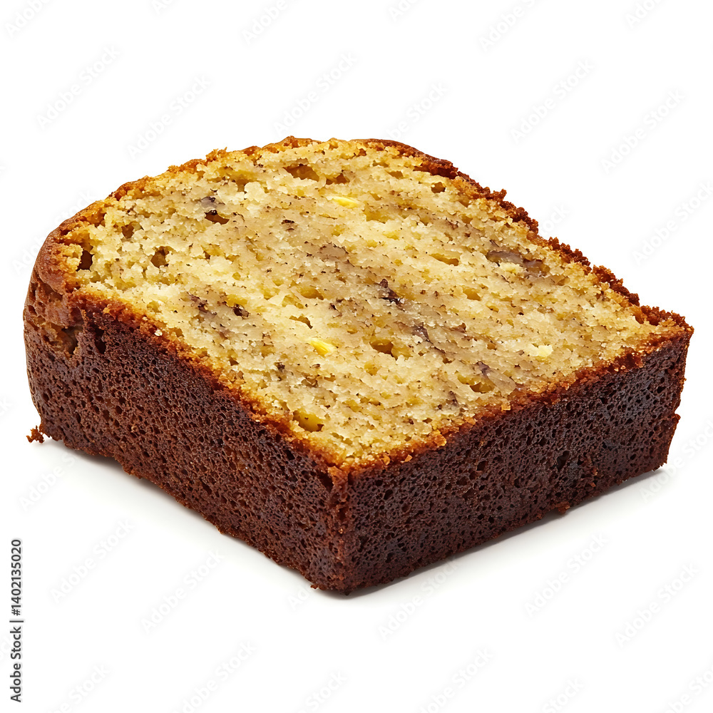 A thick slice of banana bread with a golden brown crust, moist crumb, and visible banana flecks