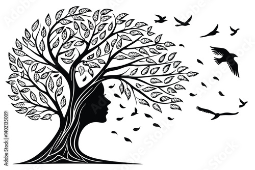 72 Black and white illustration, surreal tree, human head profile, leaves transforming into birds, metamorphosis, wind blowing, flying birds, symbolic imagery, freedom concept, nature connection, drea